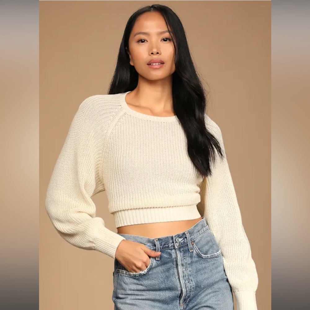 Cream Backless Crop Sweater with Long Bishop Sleeves - Picture 3 of 5